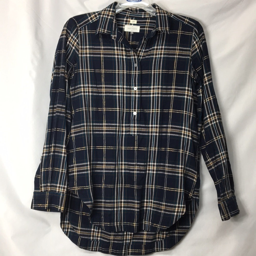 Loft Women’s Softened Navy Plaid Button-Down Shirt Size XS Like-NEW Condition